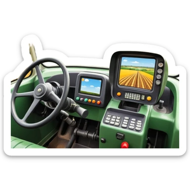 a view from the tractor cabin, with the dashboard in focus, overlooking a vibrant rural landscape. Inspired by Farming Simulator 22, the scene includes fields, crops, and distant barns under a bright sky. The design highlights the immersive experience of farm management. transparent background sticker