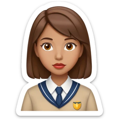 IOS emoji women, Medium-length brown hair, brown eyes, big lips, in school uniform sticker