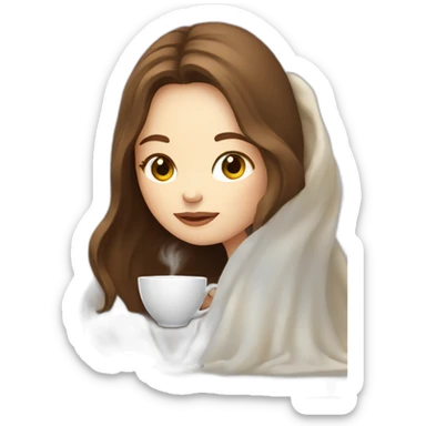 girl with pale skin and brown long hair inside a white blanket sipping coffee eyes closed behind a laptop sticker
