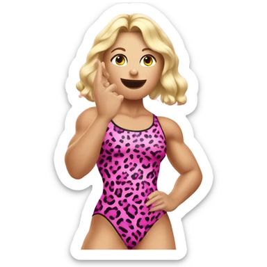 Tall blonde Caucasian muscular woman wrestler with pink big lips wearing a pink leopard print leotard blowing a kiss sticker