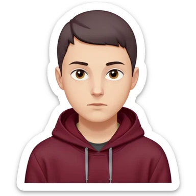 young white European male with short buzzcut dark hair, smooth clear skin, wearing a maroon hoodie with the hood up, oval-shaped face, defined jawline, high cheekbones, symmetrical features, sharp focused eyes, straight prominent eyebrows, calm neutral expression sticker