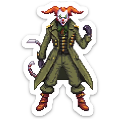 evil clown soldier, bald, small black horns on forehead, fangs, pointed ears, eye patch over one eye, long coat over black and military green clothes with bellbottom pants, tail, realistically proportioned, less bulky, full body, fighting stance sticker