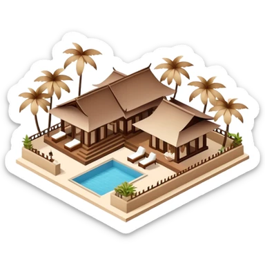 Isometric exterior brown and beige luxury Balinese beach resort restaurant, dollhouse style 3D realistic  sticker