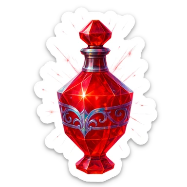 modernus prabangus eliksyro buteliukas, raudono kristalo forma, ryški raudona spalva, holografiniai ir sidabriniai ornamentai, stiprūs magiški švytėjimai ir efektai, labai mažas kaklelis, skaidrus fonas, vientisas dugnas, be šešėlio, plūduriuoja ore, kolekcijos stilius sticker