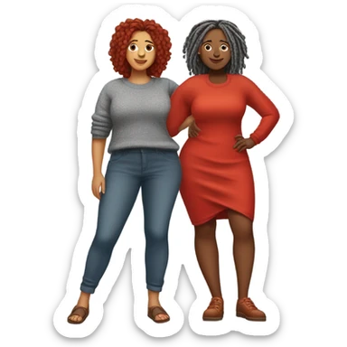 Curvy woman with gray locs wearing pants , other curvy woman is brown with red locs in a knee-length dress with a cozy sweater shopping sticker