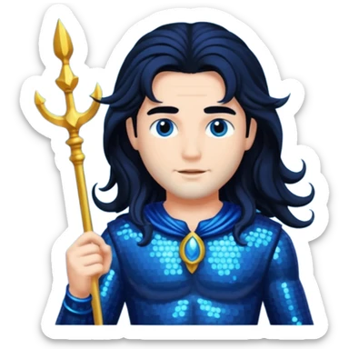 Neptune, God of Sea from Gods and Goddesses with long jet black hair, dark blue sequin outfit sticker