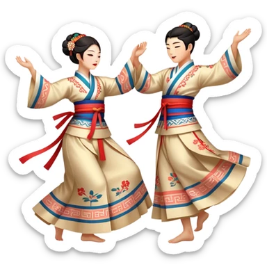 Cinematic Realistic scene of two performers engaging in Ganggangsullae, dressed in traditional Korean costumes with intricate patterns and graceful movements, illuminated by soft, festive lighting that accentuates the cultural ambiance sticker