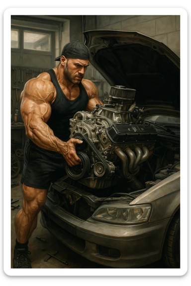 a muscular bodybuilder in gym attire stands next to a car with the hood open, lifting a large, shiny, high-performance engine with ease. His expression is focused and determined as he installs the new engine. The background is a modern garage, with tools and car parts scattered around, emphasizing strength and mechanical skill. sticker