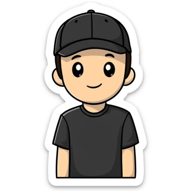 a white bro with brunette hair, wearing a black cap and a black shirt sticker