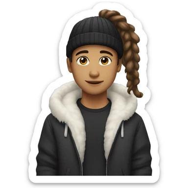 Mixed race boy with ponytail wearing beanie and wearing a black jacket with a white fur trim with hazel eyes sticker