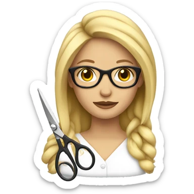 blonde woman with glasses holding scissors sticker