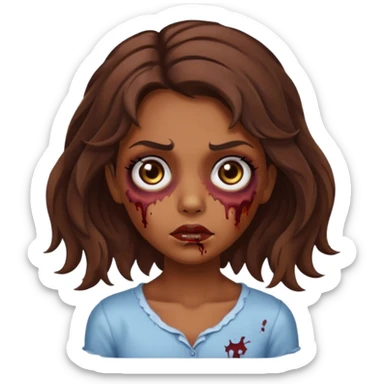 Garota zumbi com cabelos castanhos ondulados médio, olhos castanhos grandes e cílios longos  sticker