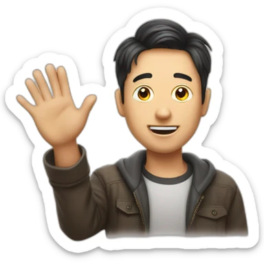 a man waves hello, bitcoin in his eyes sticker