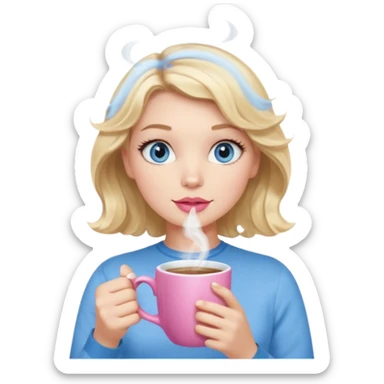 Girl Blonde short wavy hair,  blue eyes, cute blue top, long lashes, pink lips, holding hot white coffee mug sticker
