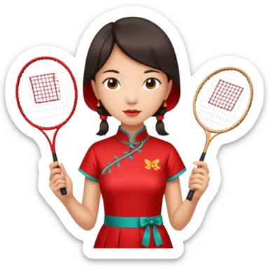 ancient cheongsam girl with 1 badminton racket, red sticker