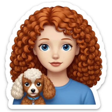 A red head with long hair blue eyes and a light brown poodle dog sticker