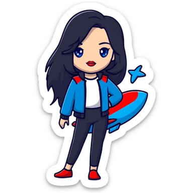 character with long jet black hair, blue eyes, and red lips sticker