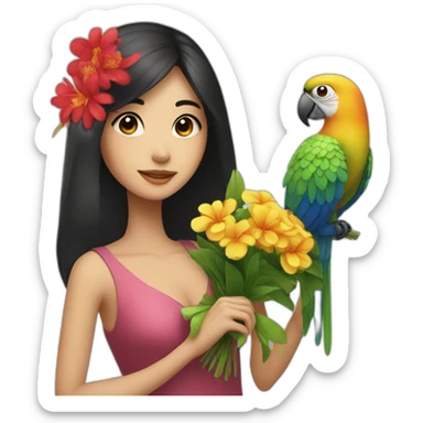 Asian girl with dark hair with a bouquet and parrot  sticker