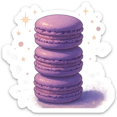stack of purple macarons, dreamy lighting, whimsical and delicious, ghibli style sticker