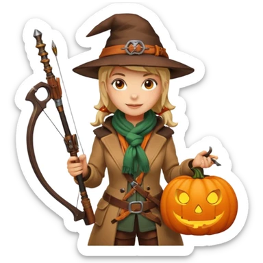 female human monster hunter emoji, wearing brown coat and hat, holding crossbow, soft smile, scarf, glowing pumpkin by her side, Halloween fantasy style, clean vector Apple emoji look, bright colors, white background, square sticker