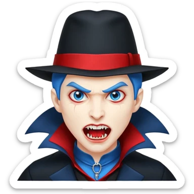 Vampire with blue hat,black coat with read collared ,teeth looks like vampire with aggression on face and full body. sticker