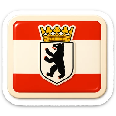 Create an icon for Berlin with a rectangular flag background that is white with red stripes. Center the Berlin coat of arms featuring a bear with a crown. The icon should have no text or label and no word 'Berlin'. The style should be less cartoonish and match the retro stickers style exactly in the same format and proportions as the Brandenburg icon from the provided reference image. sticker