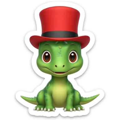 A very cute and adorable green anthropomorphic baby dinosaur with a red top hat sticker