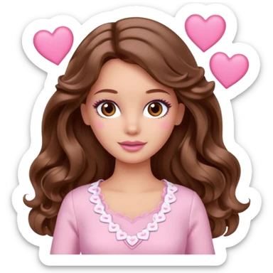 Barbie girl brown long straight wavy hair and brown eyes is In pale pink clothes There are pink hearts all around sticker