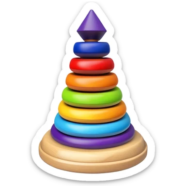 Children's stacking pyramid toy with rings in rainbow order: red, orange, yellow, green, light blue, dark blue, and purple rings sticker