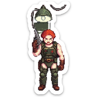 a SNES box art image of a man in military gear disarming a IED inside of a toolshed, dramatic single overhead lamp, he has red hair and a face like retro doomguy sticker