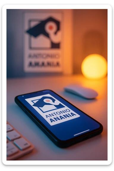 A photo of an iPhone on the desk with the logo of "Antonio Anania" on its screen, The phone sits atop a desk with a blurred with the logo in the background that suggests work environment. A faint glow from above casts gentle shadows across the surface of each object, creating depth and highlighting their textures sticker