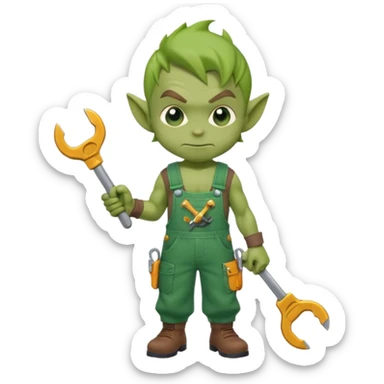 short green goblin, hold a wrench, cute chibi full body sticker