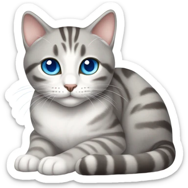 gray and white tabby cat with blue eyes laying down sticker