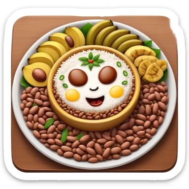 Cinematic Realistic Bandeja Paisa Dish Emoji, depicted as a hearty platter featuring beans, rice, meat, and plantains rendered with detailed textures and vibrant, robust lighting. sticker