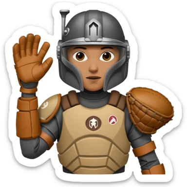 Mandalorian using a Catcher's mitt.  He looks ready to catch a ball.  Make the catcher's glove oversized.  Put a dark visor in the helmet.   sticker