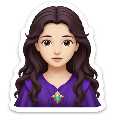 Libera from Olympus Gods with long dark brown wavy hair, deep purple tunic sticker