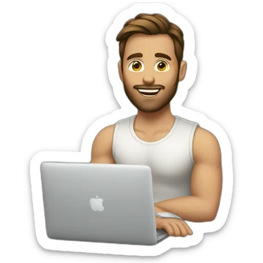 man with brown hair ponytail and shaved beard sitting with macbook sticker