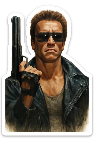 Terminator Arnold Schwarzenegger with sunglasses, holding a gun up, realistic painted style sticker