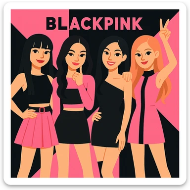 Blackpink K-pop group, pink and black colors, fashionable, confident, playful group pose sticker