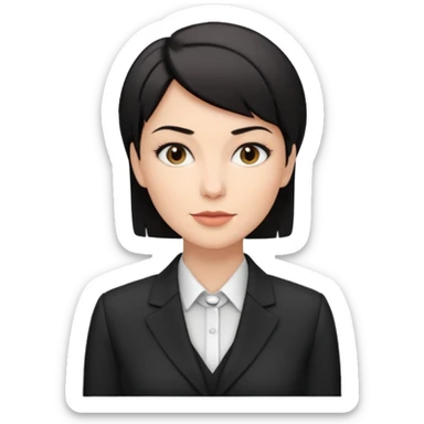 a white woman who has black short hair on interview sticker