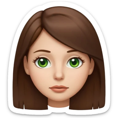 Female face emoji. Straight medium-length brown hair, fair skin, green eyes, neutral expression, closed lips, minimal makeup sticker