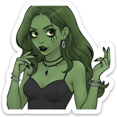 Girl with long wavy brown hair with a mini dress on, has long black nails, horror jewelry    sticker