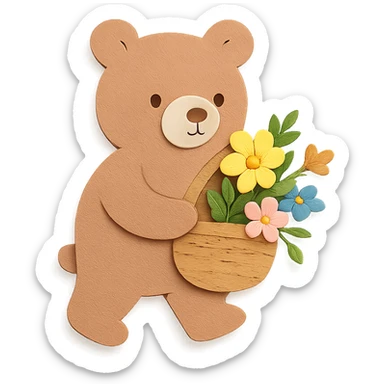 bear carrying a basket of wildflowers, soft pastel brown and cream, paper craft style sticker