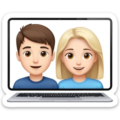boy and girl on a video call, computer screens with faces, happy conversation sticker
