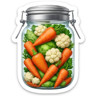 A mix jar of carrots, peppers, and cauliflower tightly sealed with a silver lid








 sticker
