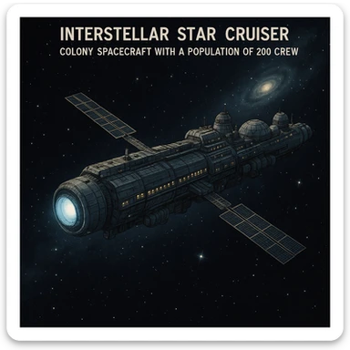 deep space textbook image of a interstellar star cruiser colony spacecraft with a population of 200 crew sticker