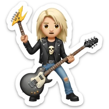 3D Apple-style emoji of a metal musician holding an electric guitar with a bold "ROCK" sign above. Long hair, black leather jacket, ripped jeans, intense expression. Rounded, glossy, smooth, soft shadows, white background.











 sticker