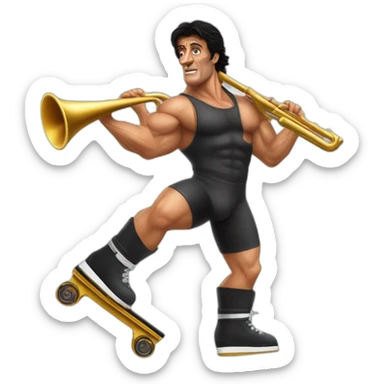 Sylvester Stallone Rambo mankini roller blades carrying a trombone sticker