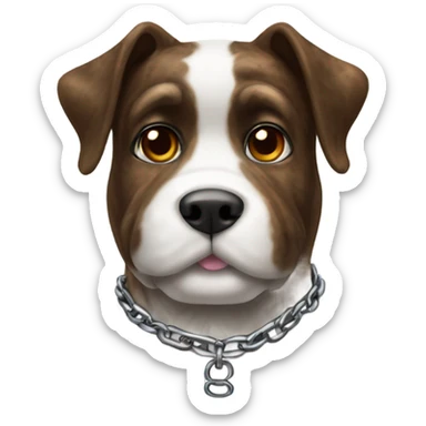 Brindle fur dog with white on face and chest and a Chain collar sticker