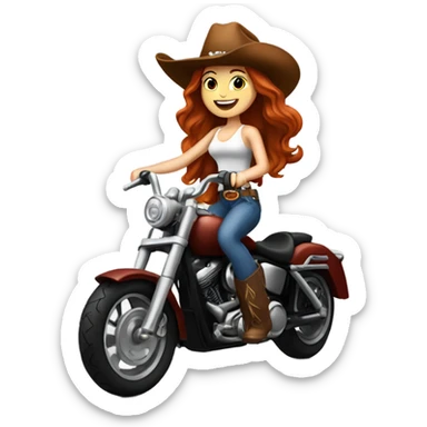 Long wavy haired Redhead with a cowboy hat and boots riding a Harley  sticker